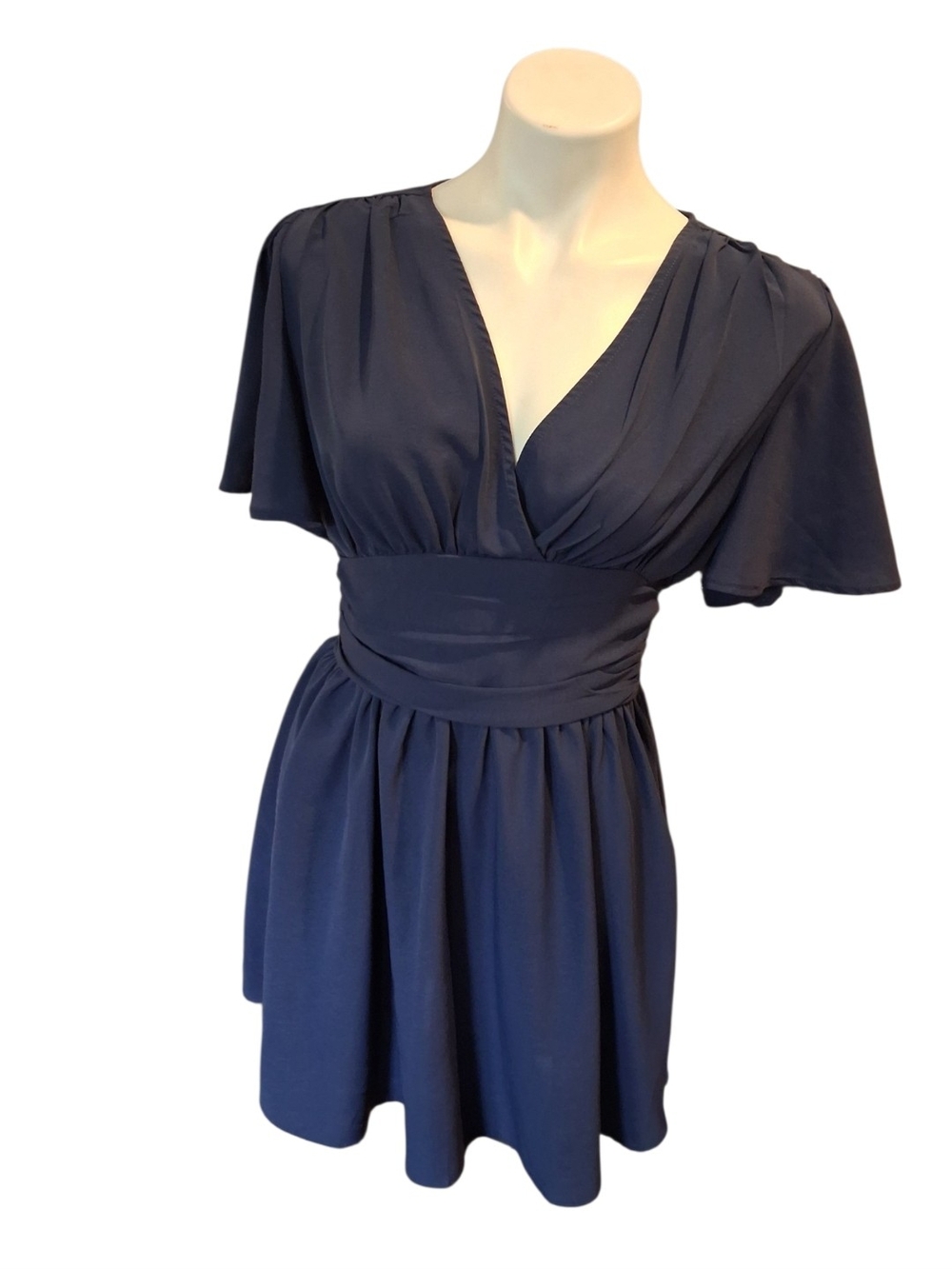 Navy V-Neck Flutter Sleeve Waistband Dress